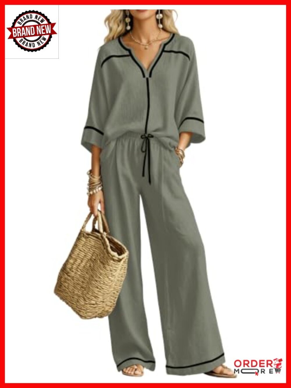 Viscose Cotton Linen Blend 2 Piece Wide Leg Pant Set V-Neck 3/4 Sleeve